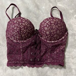 Victoria’s Secret 32C Padded Demi Longline Bustier Corset Lace Push Up Burgundy